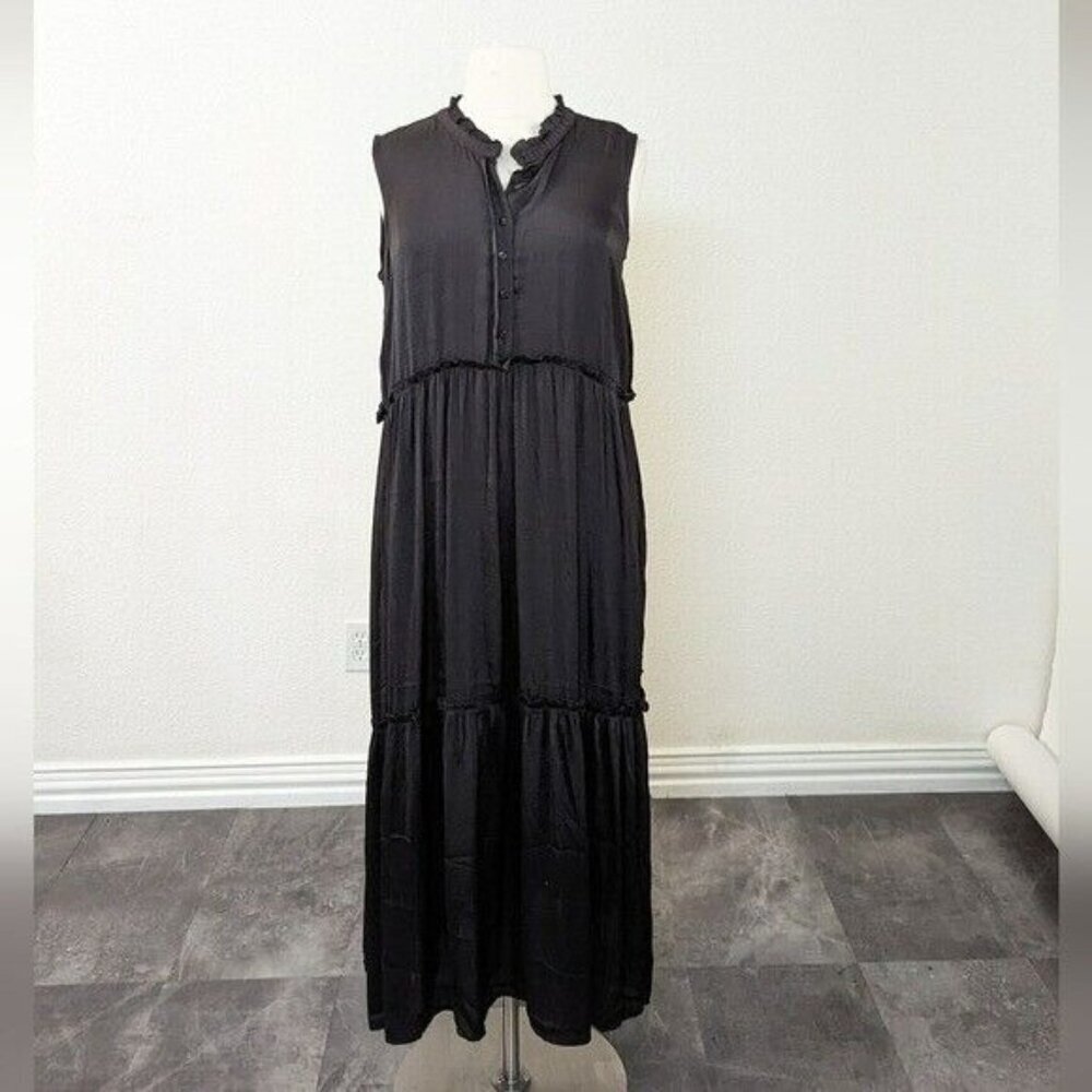 NEW Arna York Half Button Ruffle Neck Satin Midi Shift Dress Black 18/20 boho